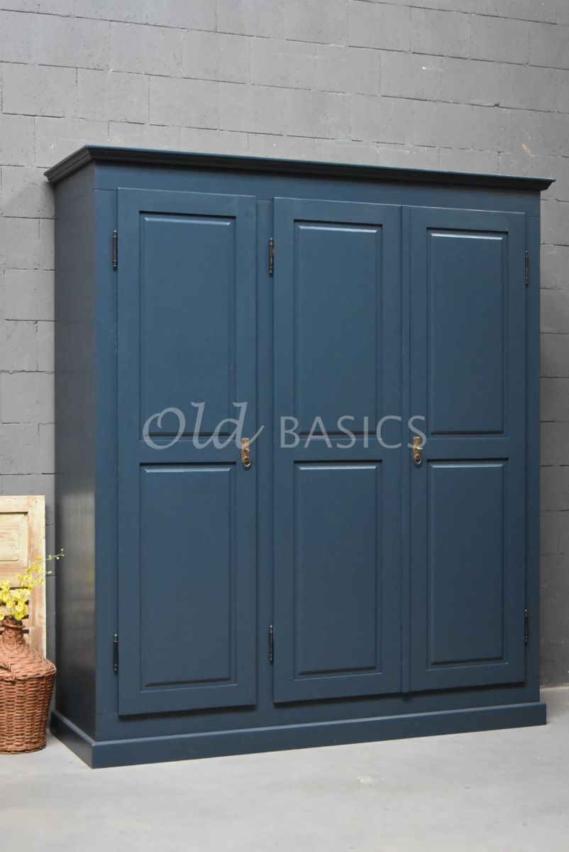 Linnenkast Rustique, 3 deuren, RAL5008, blauw, materiaal hout